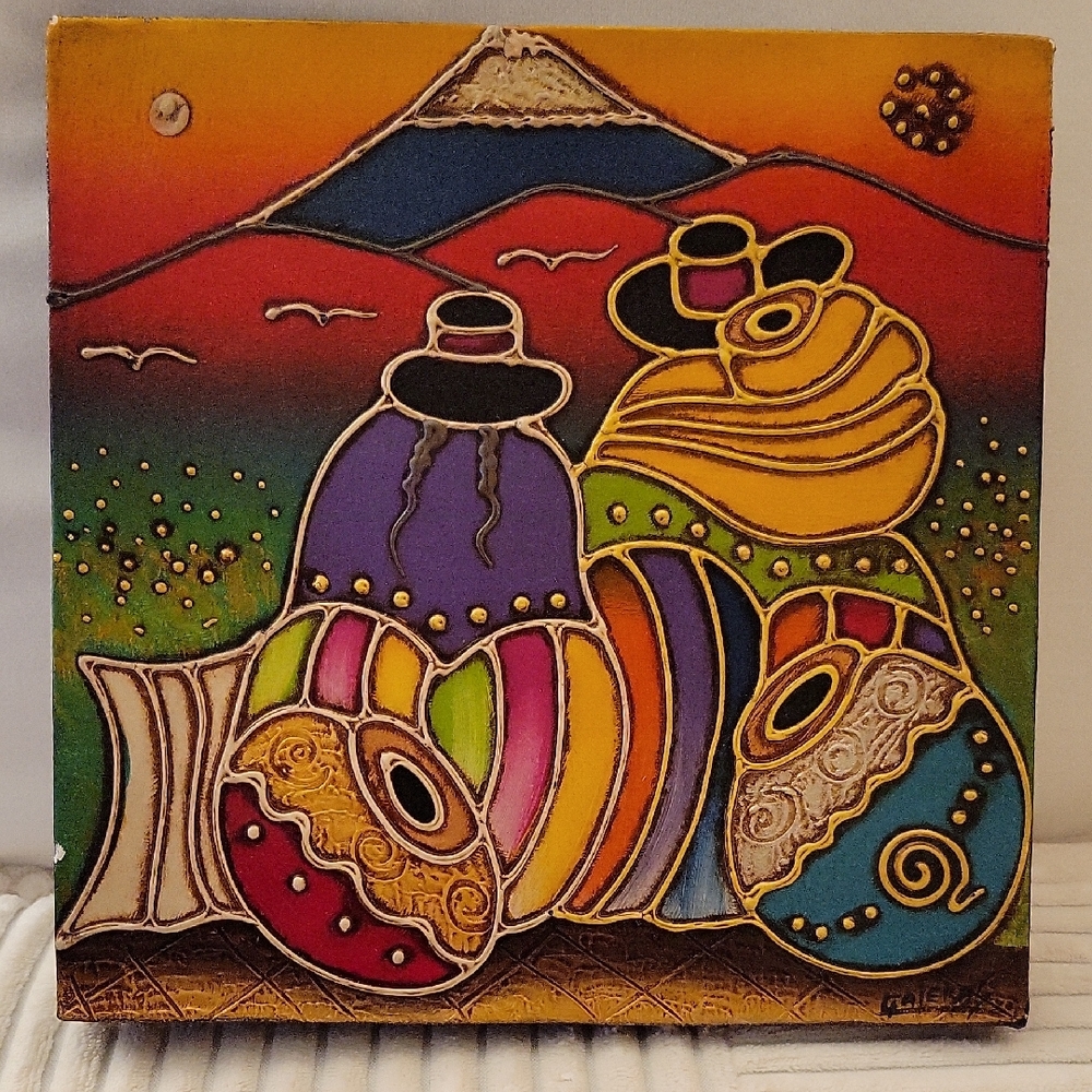 Colorful Folk Art Relief Painting. Origin Appears To Be Ecuador Or Peru. Signed